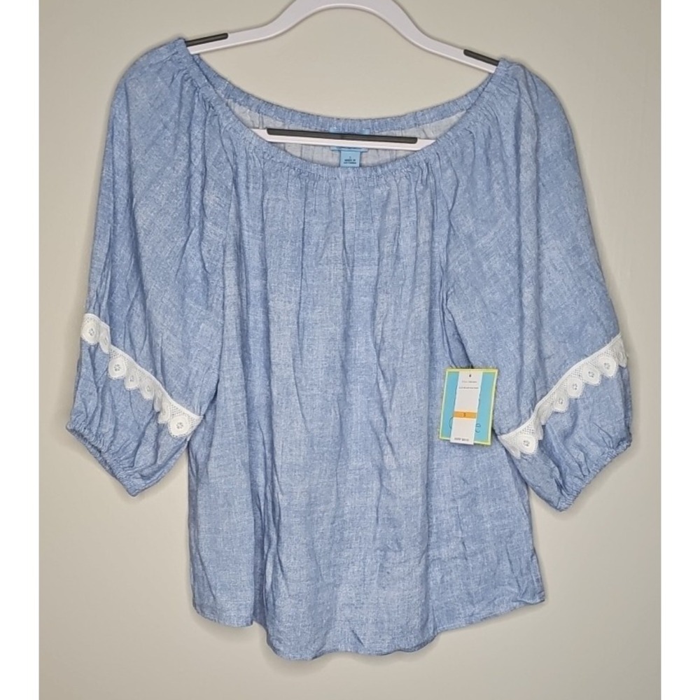 CeCe Light Blue Peasant Boho Top Blouse Short Puff Sleeve Small NWT MSRP $69